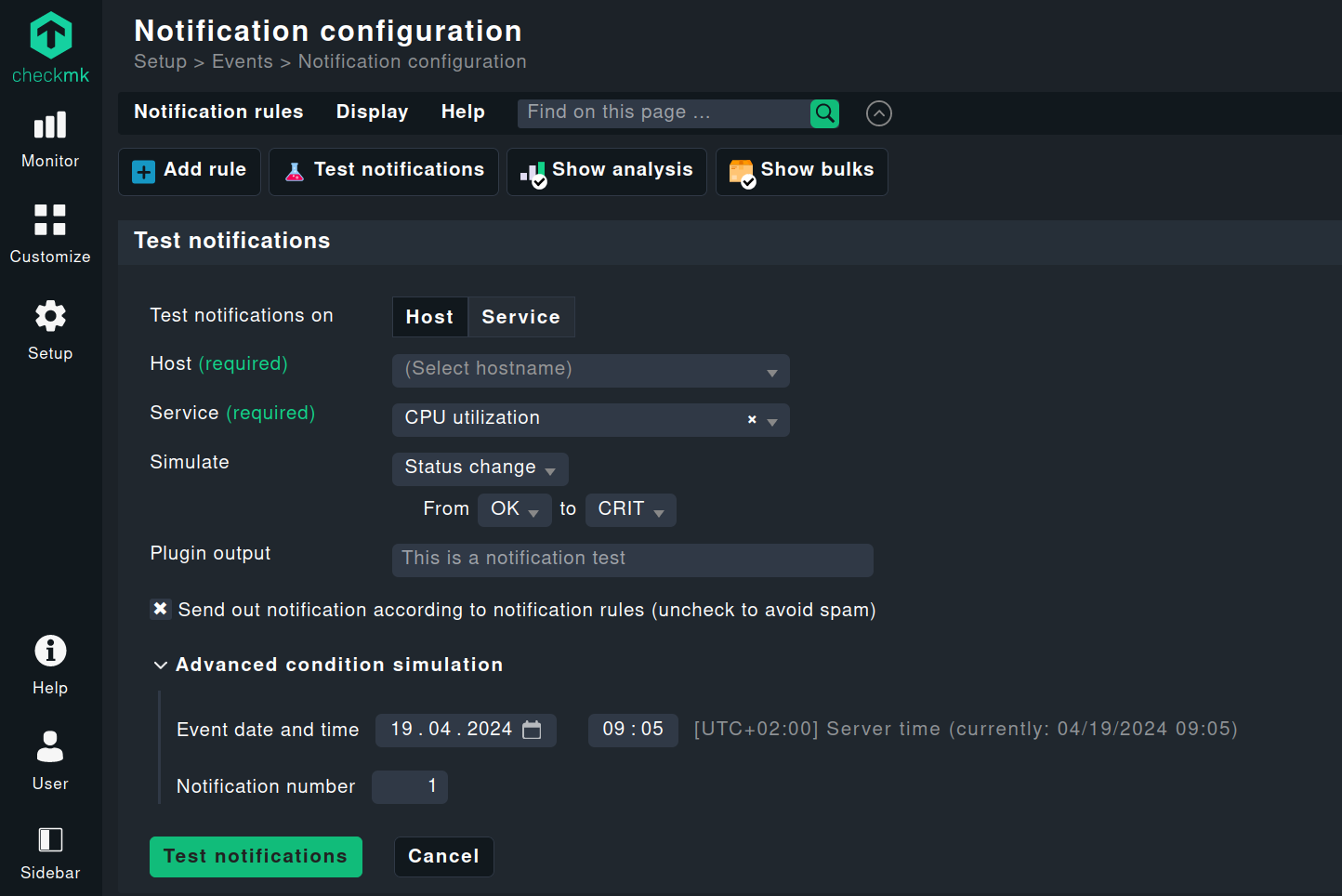 Configuration of the Test Notifications feature in Checkmk