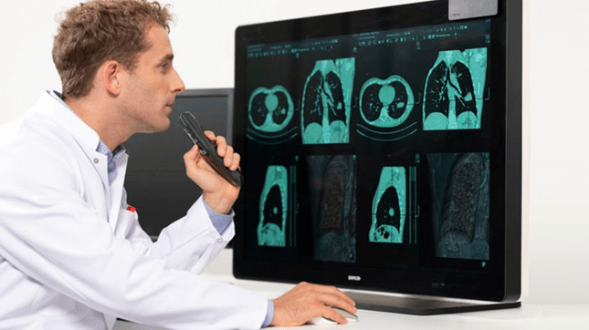 Doctor operating a computer with X ray pictures