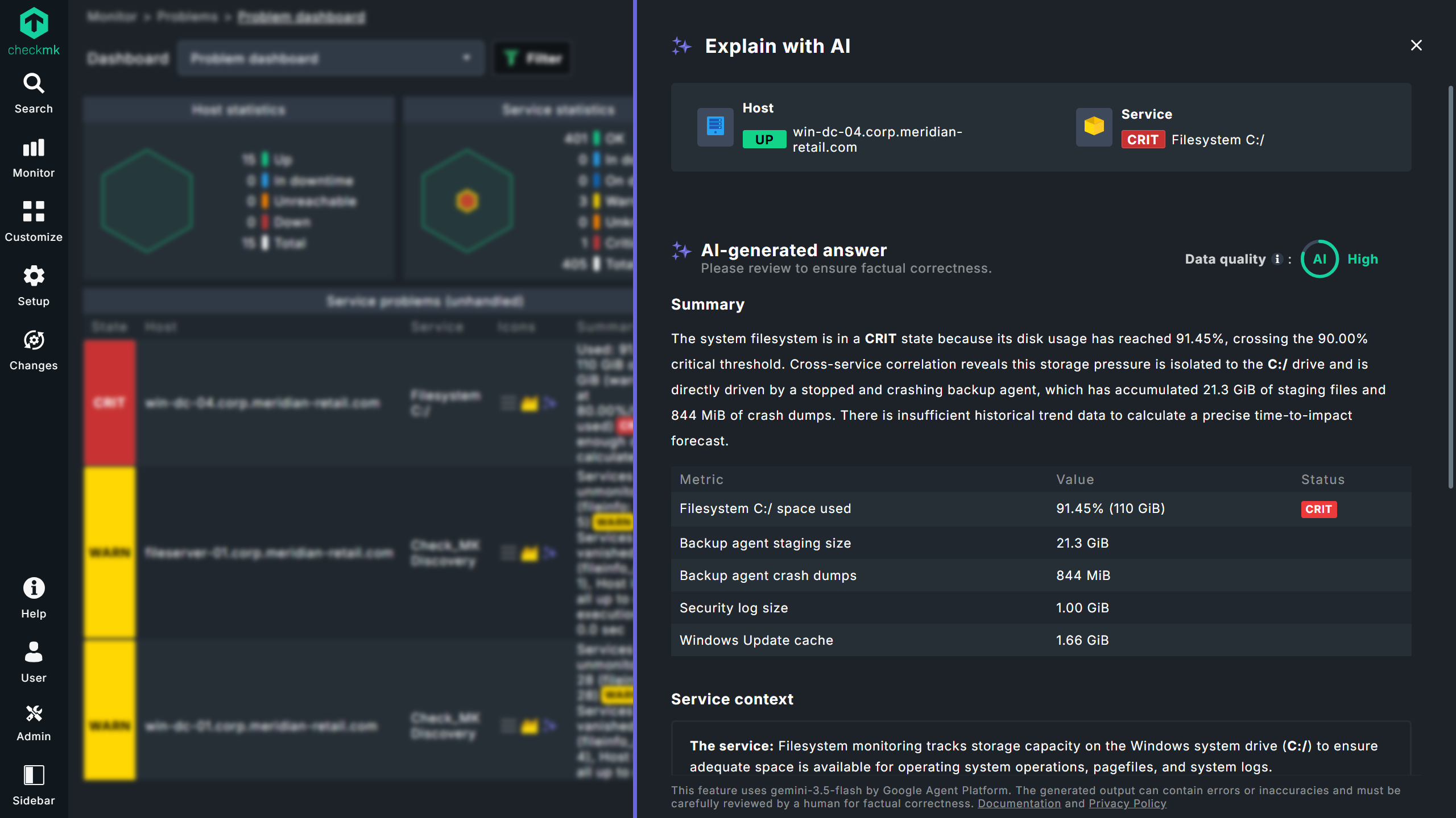Zusammenfassung eines CRIT-Services mit Explain with AI in Checkmk