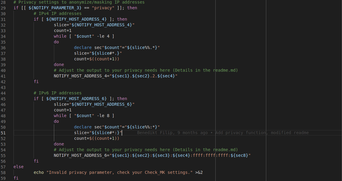 Code section showing the privacy function of the script.