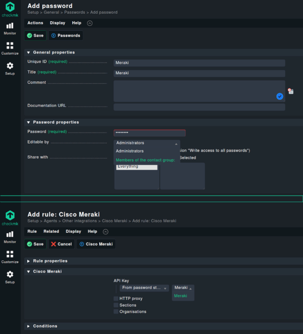 Speichern eines Passworts in Checkmk (oben) und Einrichten eines Spezialagenten mit einem gespeicherten Passwort (unten) screenshot shows storing of a password with ID in the store and using the ID in special agent configuration