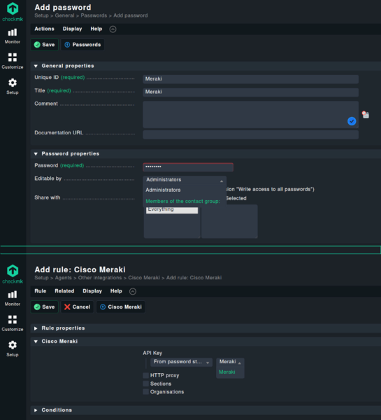 Memorizzazione di una password in Checkmk (sopra) e impostazione di uno special agent con una password memorizzata (sotto) L'immagine mostra la memorizzazione di una password con ID nell'archivio e l'utilizzo dell'ID nella configurazione dell'agente speciale.