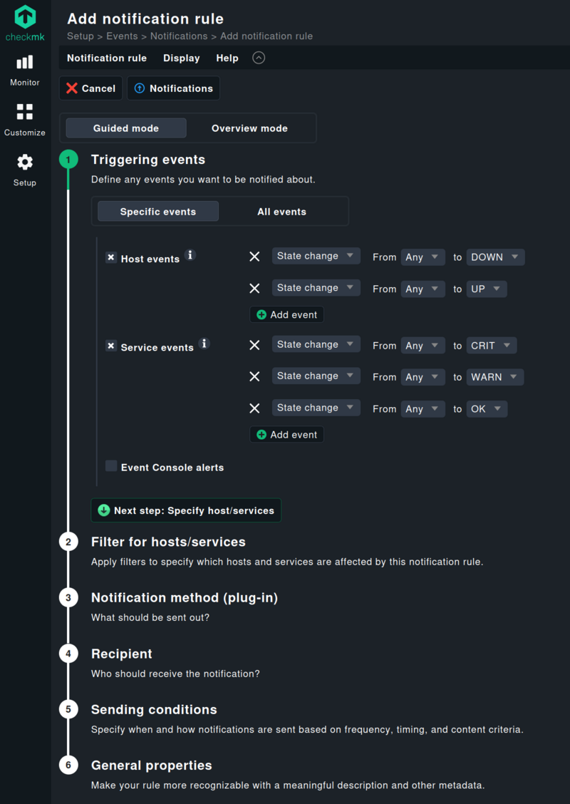 Creating a notification rule in guided mode