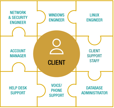 Graphic with different IT services offered by ICE Consulting in shape of a puzzle. The customer is in the center.