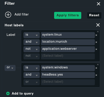 Il nuovo filtro per le etichette di host e servizi con e / o / non