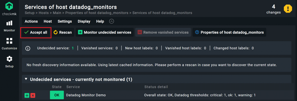 The service discovery in Checkmk finds a Datadog service