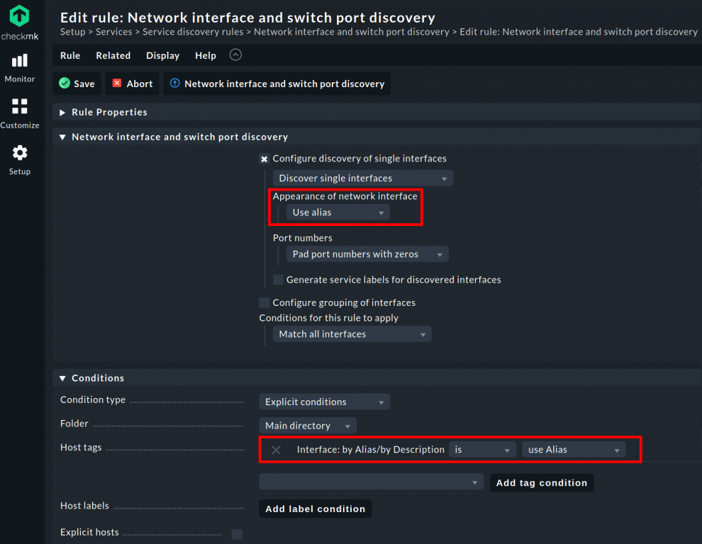 Setting up the rule Network interface and switch port discovery in Checkmk for alias table