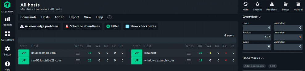 Panoramica degli host in Checkmk dopo la migrazione