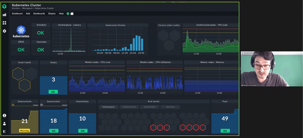 Martin Hirschvogel from tribe29 shows the monitoring dashboard in Checkmk for a Kubernetes cluster during his presentation
