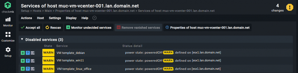 The automated service detection of Checkmk with three template services that are deactivated by default