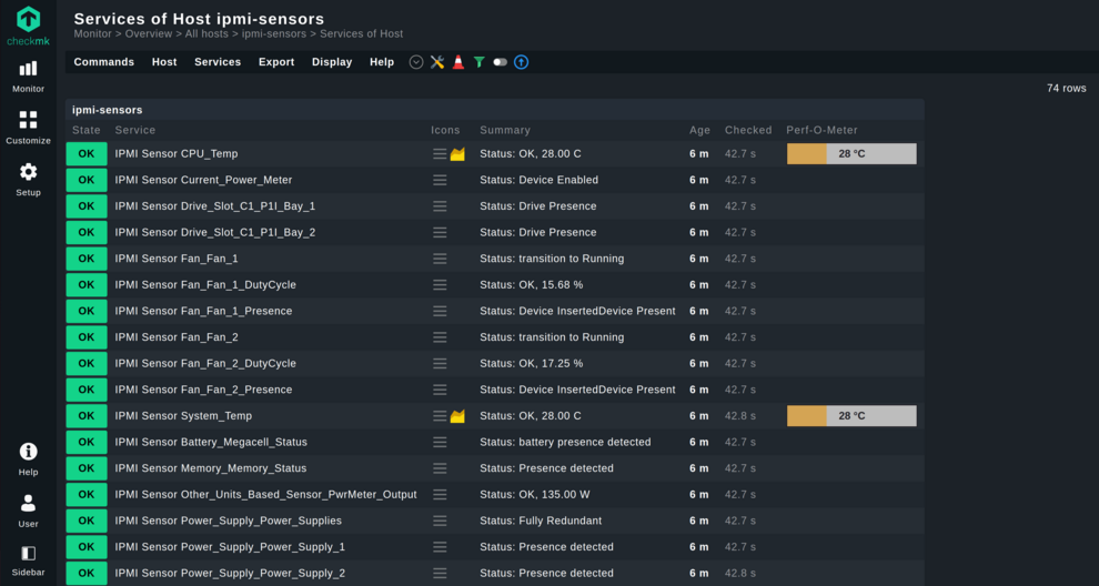 Screenshot showing services of the IPMI sensors
