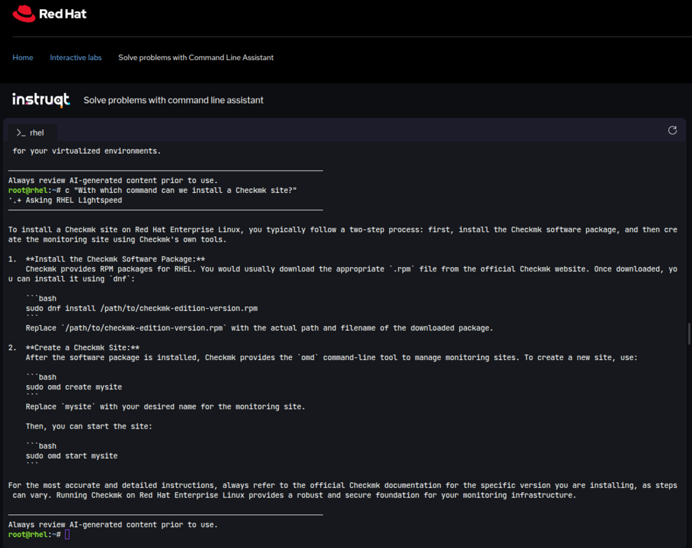 Screenshot of the Red Hat command line tool