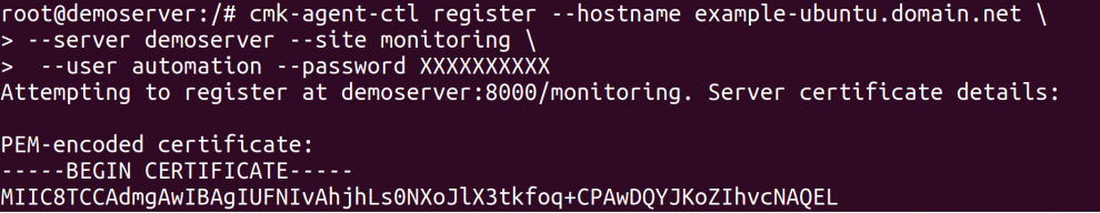 Un terminale Linux che mostra l'utente root che registra un agente Checkmk