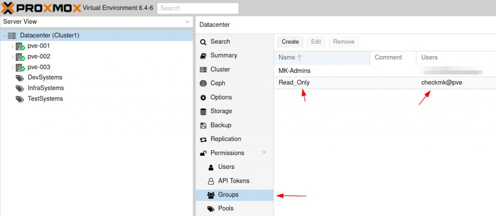 Configuration of the group settings via the Proxmox GUI