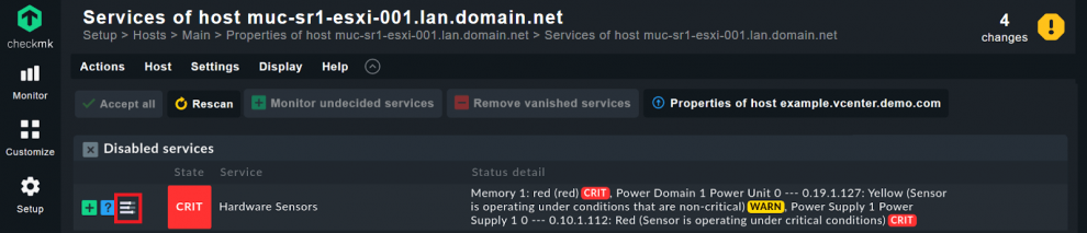 The service Hardware Sensor has been deactivated after the service discovery of Checkmk, the action item symbol is highlighted.