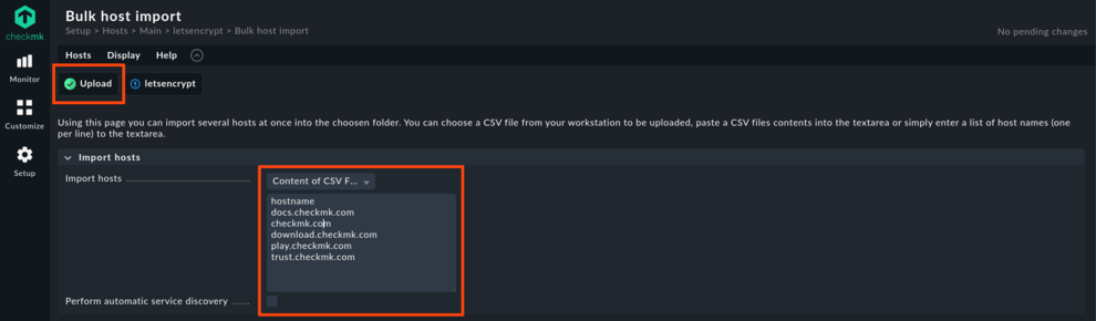 Menu in Checkmk for Bulk host import