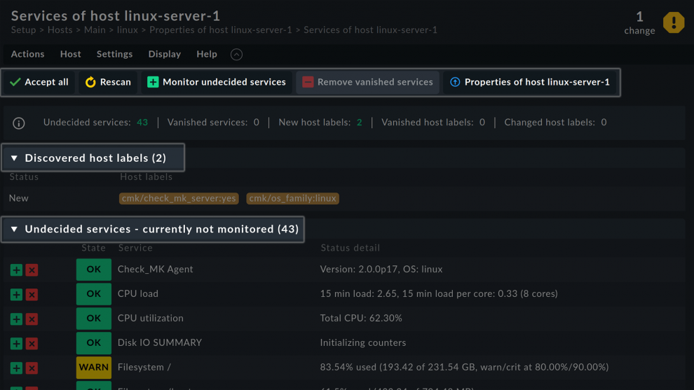 Screenshot der verfeinerten Seite für die Service Discovery in Checkmk