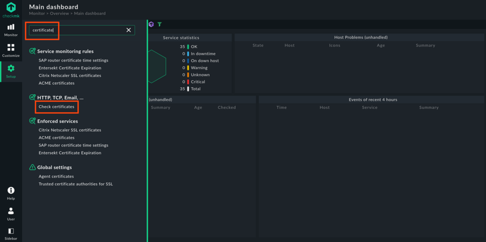 Searching cert check in Checkmk menu