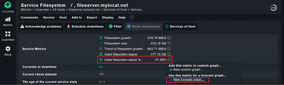 Creating a forecast in Checkmk to predict the used disk space of a file system