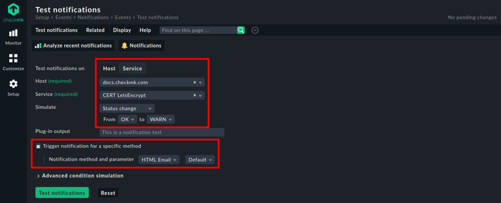 Test notifications menu in Checkmk