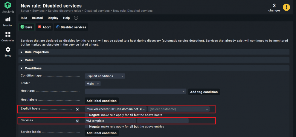 The disable services rule in Checkmk, configured to disable all template services, two fields are highlighted. 