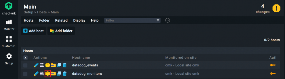 Overview of the hosts in the setup view of Checkmk with two datadog hosts, for one the service discovery button is highlighted