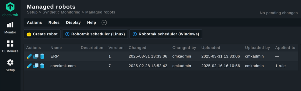 screenshot of the managed robots page in Checkmk