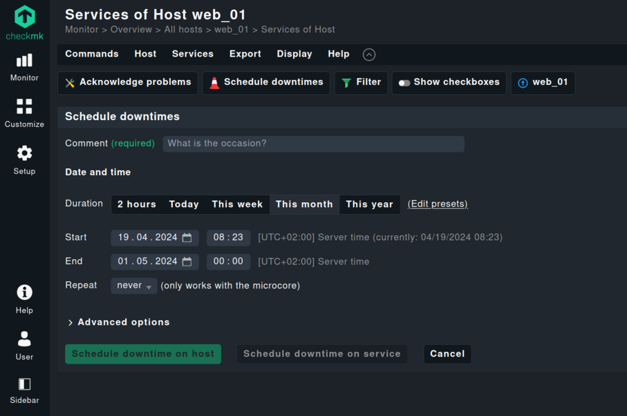 Nuova finestra di dialogo per la pianificazione dei tempi di inattività
