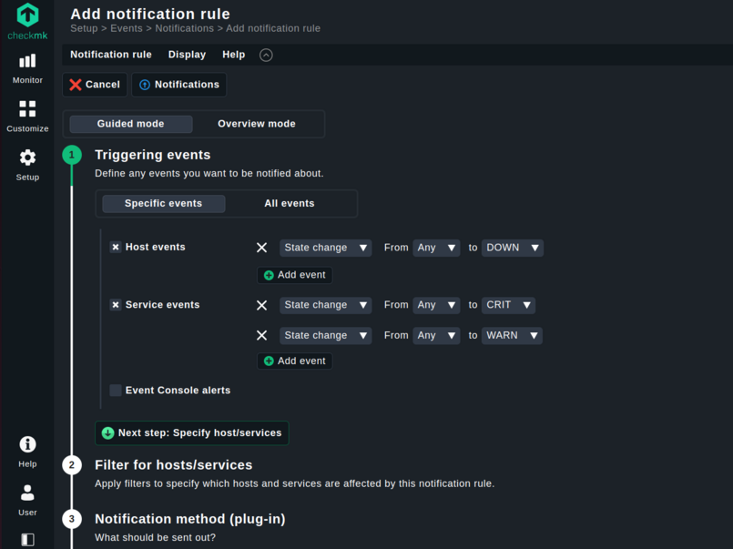 Screenshot showing the guides mode to set up notification rules